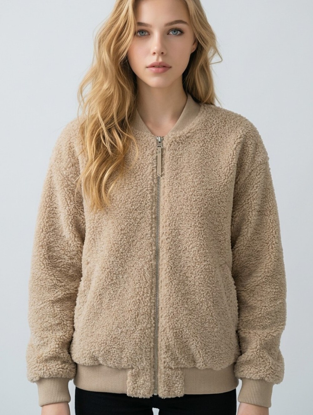 NEW Avec Les Filles Cozy Oversized Tan Faux Sherpa Bomber Jacket Full Zip Size S